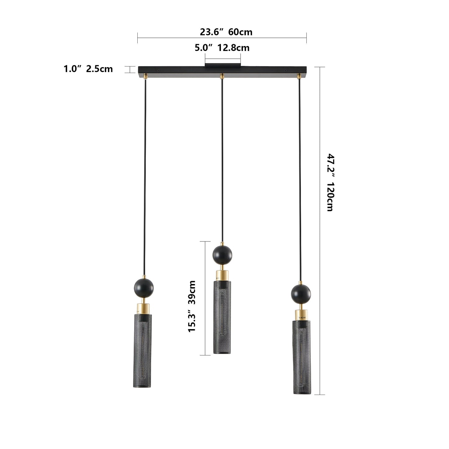 25' Modern Black and Gold 3 - Light Pendant Chandelier, Adjustable Hanging Lights with Cylindrical Mesh Shades, E26 Base, Ideal for Dining Room, Kitchen Island, or Living Room Lighting (No Bulbs) - 1st Choice Furniture Direct