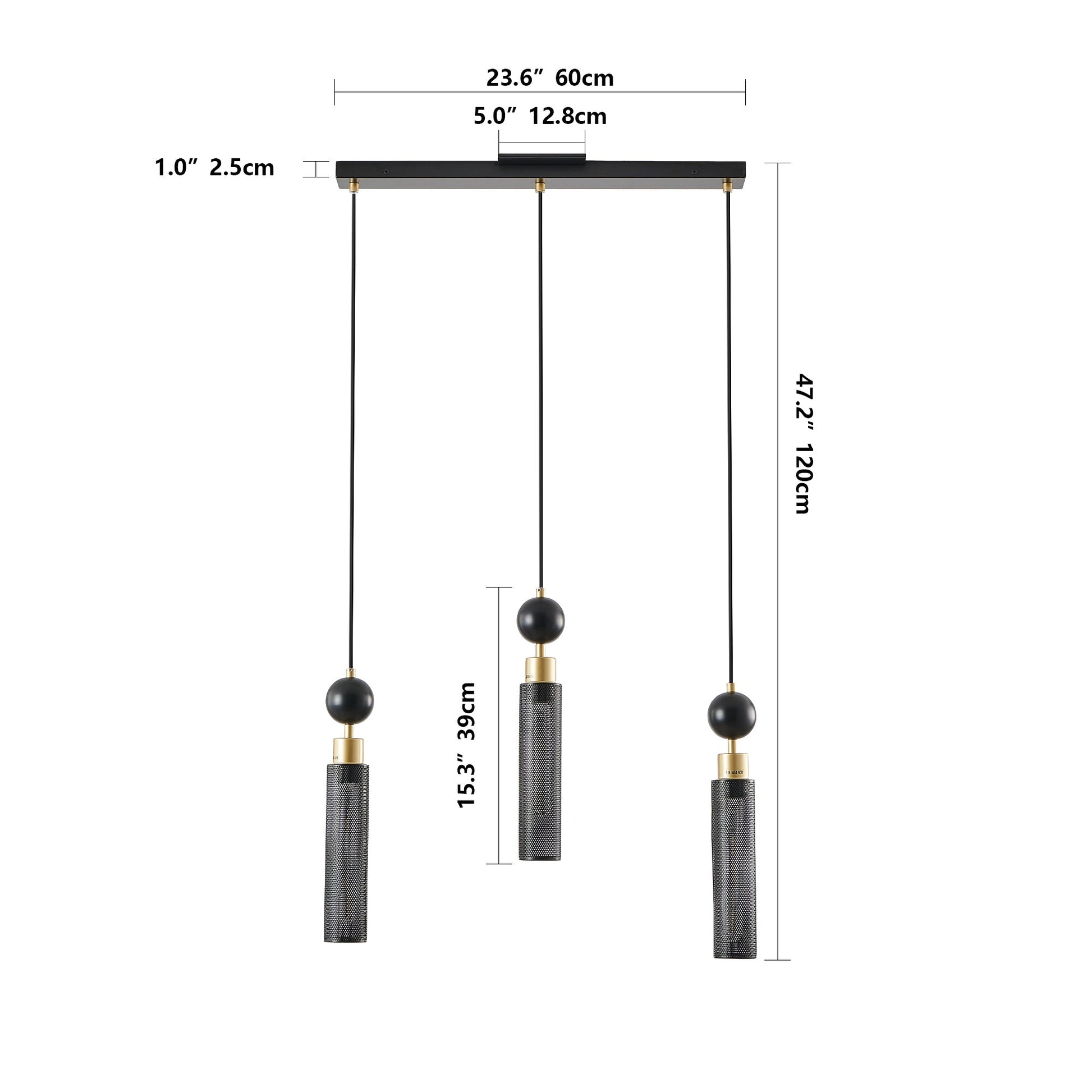 25' Modern Black and Gold 3 - Light Pendant Chandelier, Adjustable Hanging Lights with Cylindrical Mesh Shades, E26 Base, Ideal for Dining Room, Kitchen Island, or Living Room Lighting (No Bulbs) - 1st Choice Furniture Direct