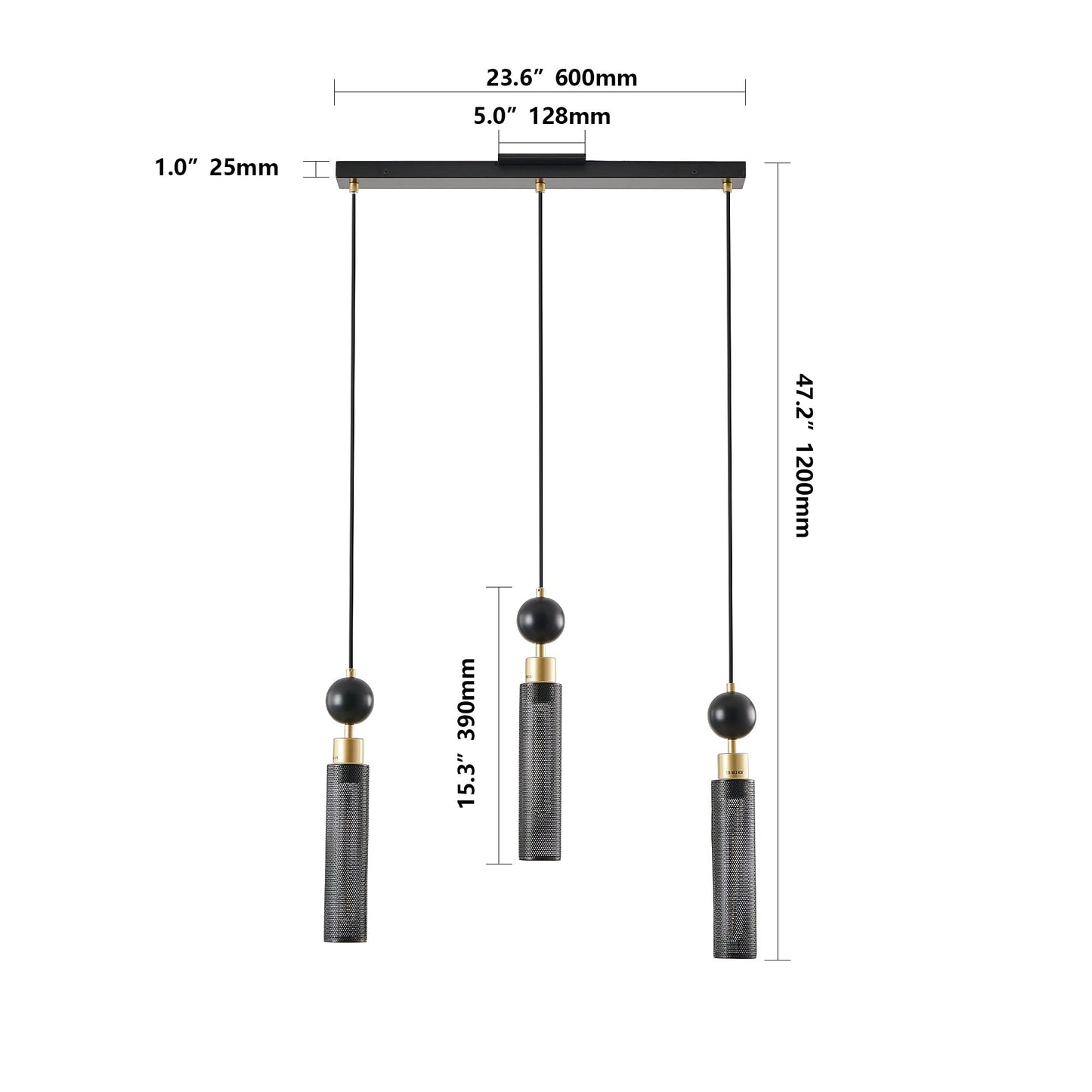 25' Modern Black and Gold 3 - Light Pendant Chandelier, Adjustable Hanging Lights with Cylindrical Mesh Shades, E26 Base, Ideal for Dining Room, Kitchen Island, or Living Room Lighting (No Bulbs) - 1st Choice Furniture Direct