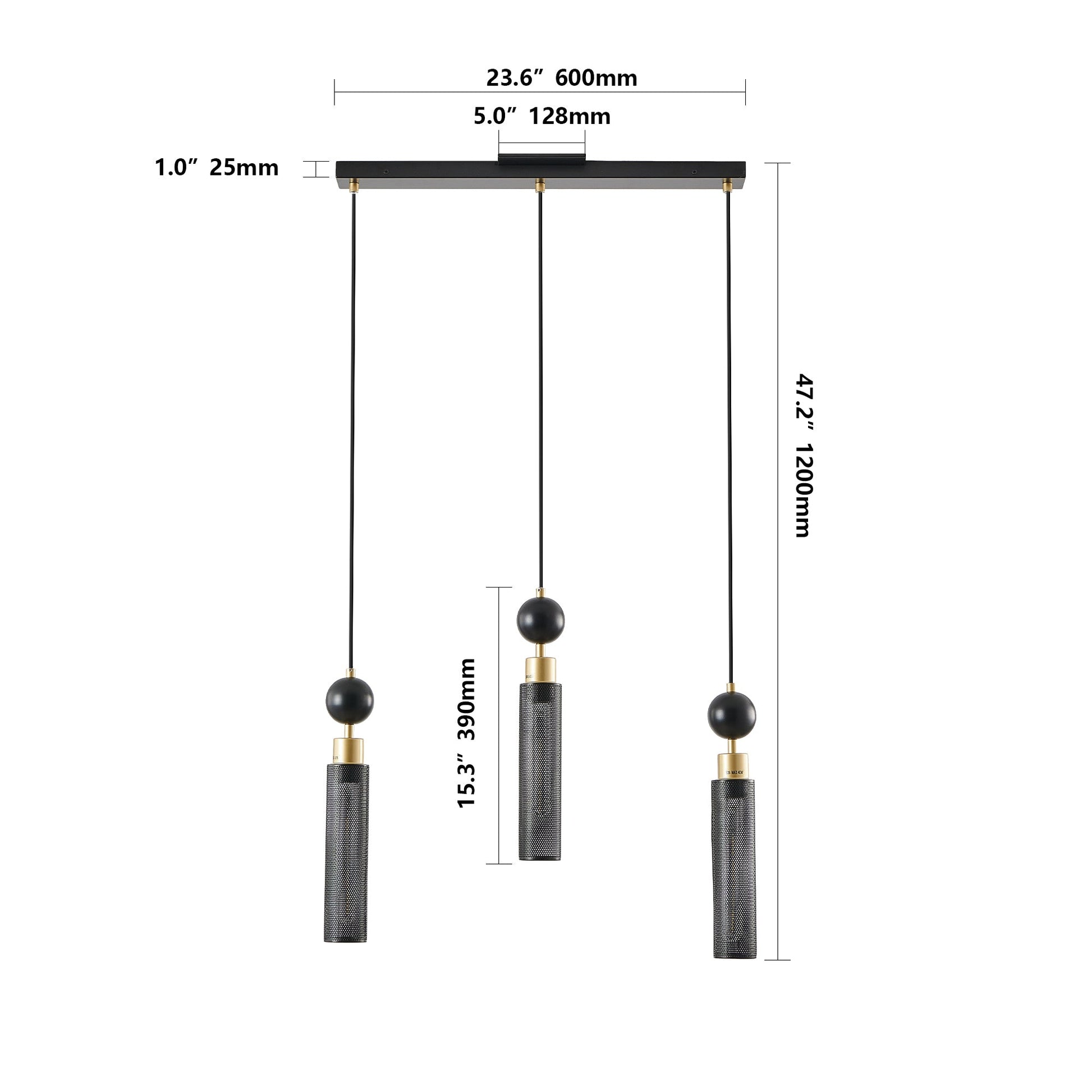 25' Modern Black and Gold 3 - Light Pendant Chandelier, Adjustable Hanging Lights with Cylindrical Mesh Shades, E26 Base, Ideal for Dining Room, Kitchen Island, or Living Room Lighting (No Bulbs) - 1st Choice Furniture Direct