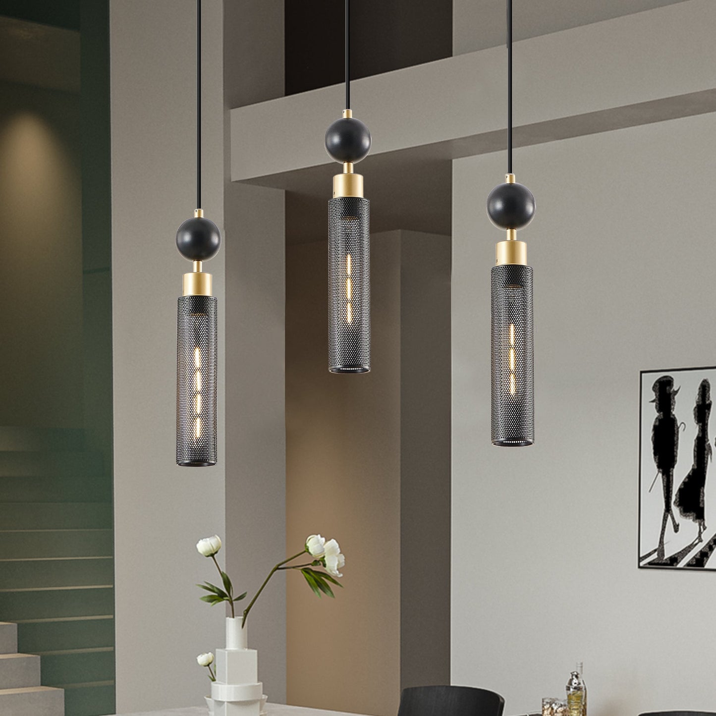 25' Modern Black and Gold 3 - Light Pendant Chandelier, Adjustable Hanging Lights with Cylindrical Mesh Shades, E26 Base, Ideal for Dining Room, Kitchen Island, or Living Room Lighting (No Bulbs) - 1st Choice Furniture Direct