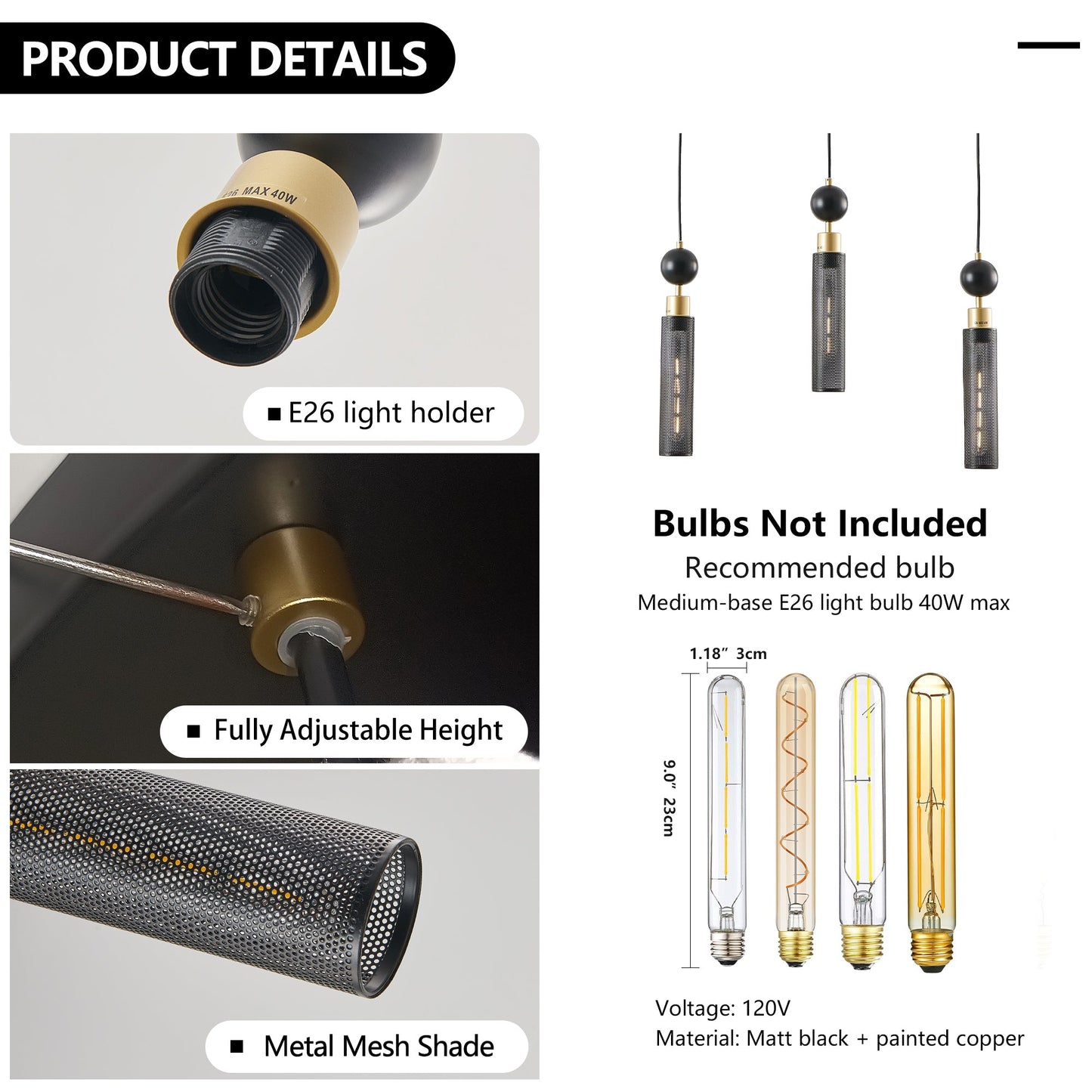 25' Modern Black and Gold 3 - Light Pendant Chandelier, Adjustable Hanging Lights with Cylindrical Mesh Shades, E26 Base, Ideal for Dining Room, Kitchen Island, or Living Room Lighting (No Bulbs) - 1st Choice Furniture Direct