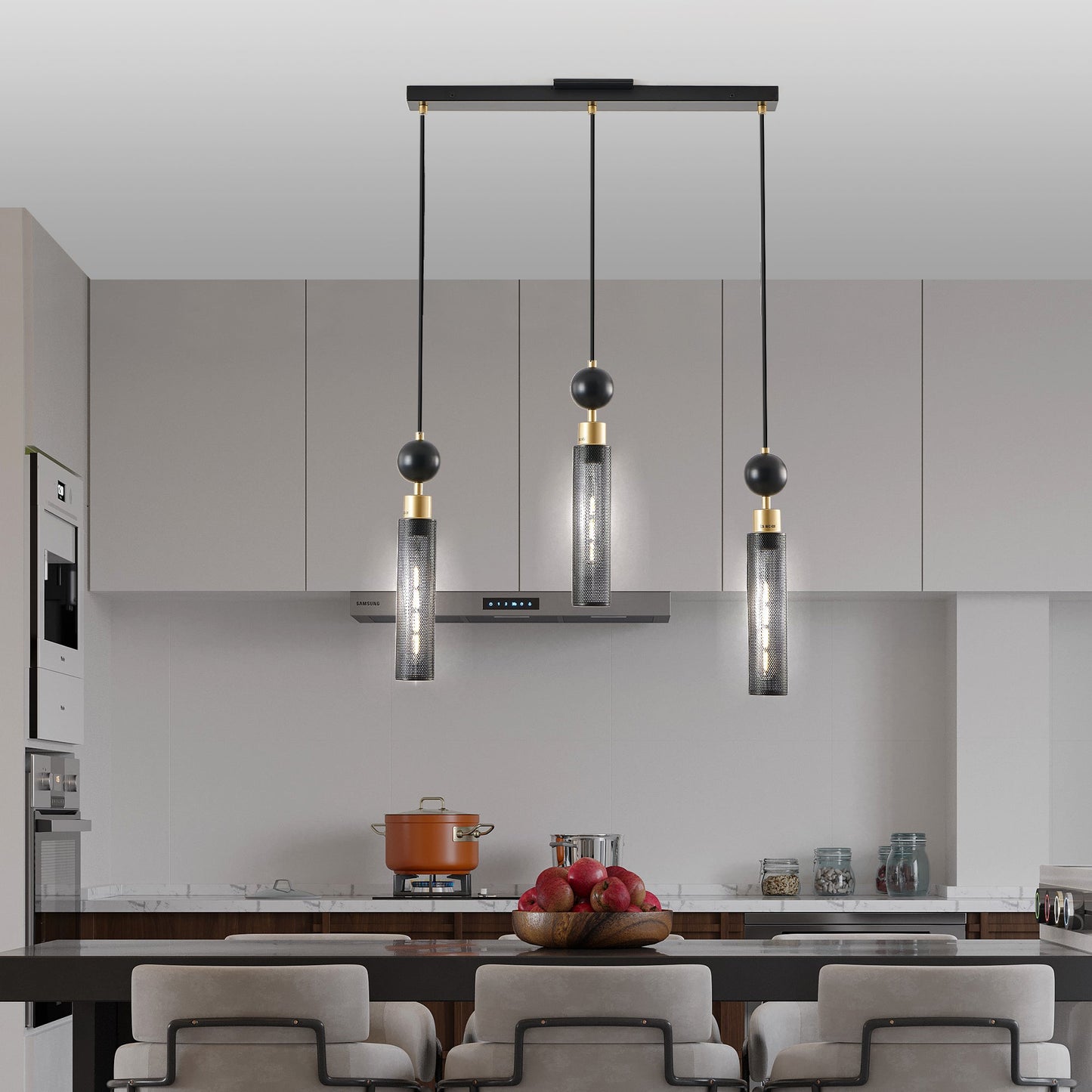 25' Modern Black and Gold 3 - Light Pendant Chandelier, Adjustable Hanging Lights with Cylindrical Mesh Shades, E26 Base, Ideal for Dining Room, Kitchen Island, or Living Room Lighting (No Bulbs) - 1st Choice Furniture Direct