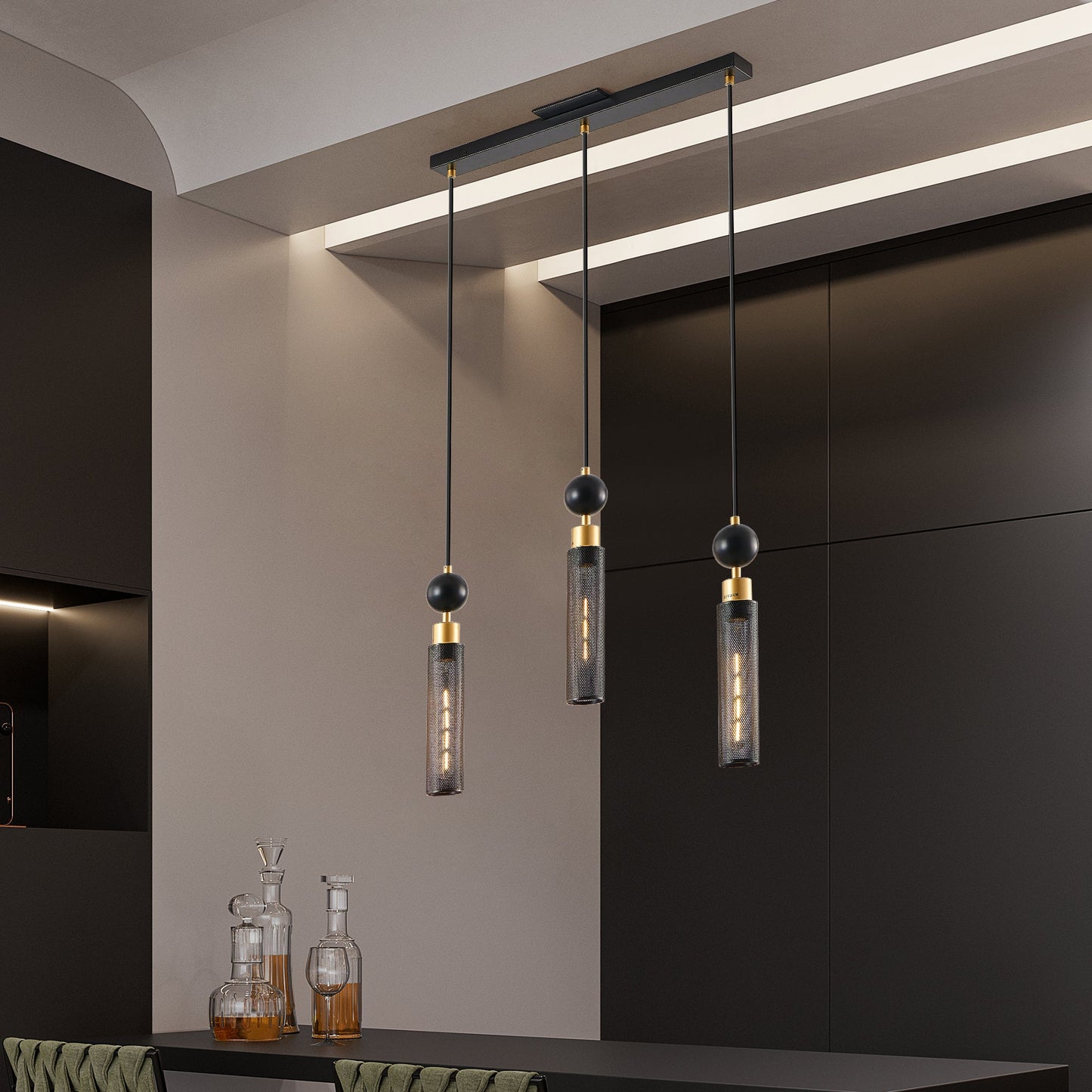25' Modern Black and Gold 3 - Light Pendant Chandelier, Adjustable Hanging Lights with Cylindrical Mesh Shades, E26 Base, Ideal for Dining Room, Kitchen Island, or Living Room Lighting (No Bulbs) - 1st Choice Furniture Direct