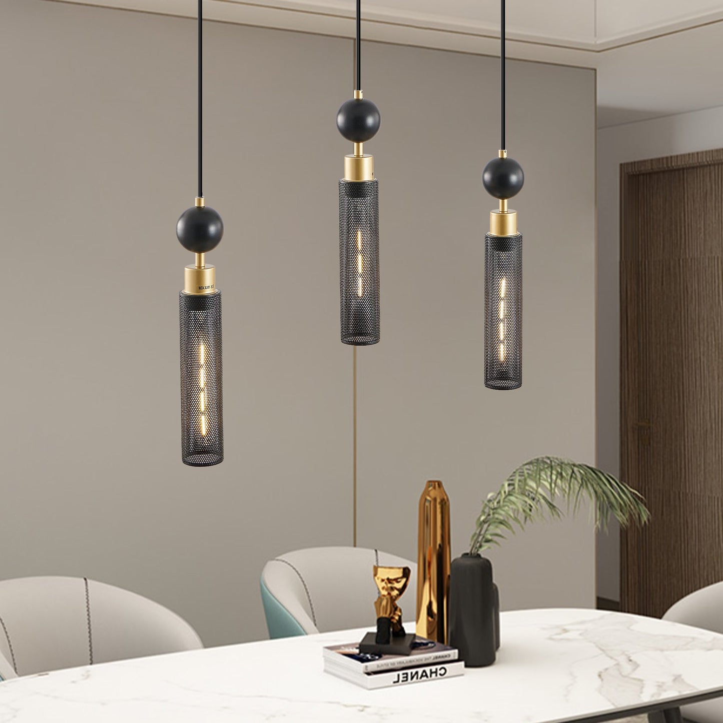25' Modern Black and Gold 3 - Light Pendant Chandelier, Adjustable Hanging Lights with Cylindrical Mesh Shades, E26 Base, Ideal for Dining Room, Kitchen Island, or Living Room Lighting (No Bulbs) - 1st Choice Furniture Direct