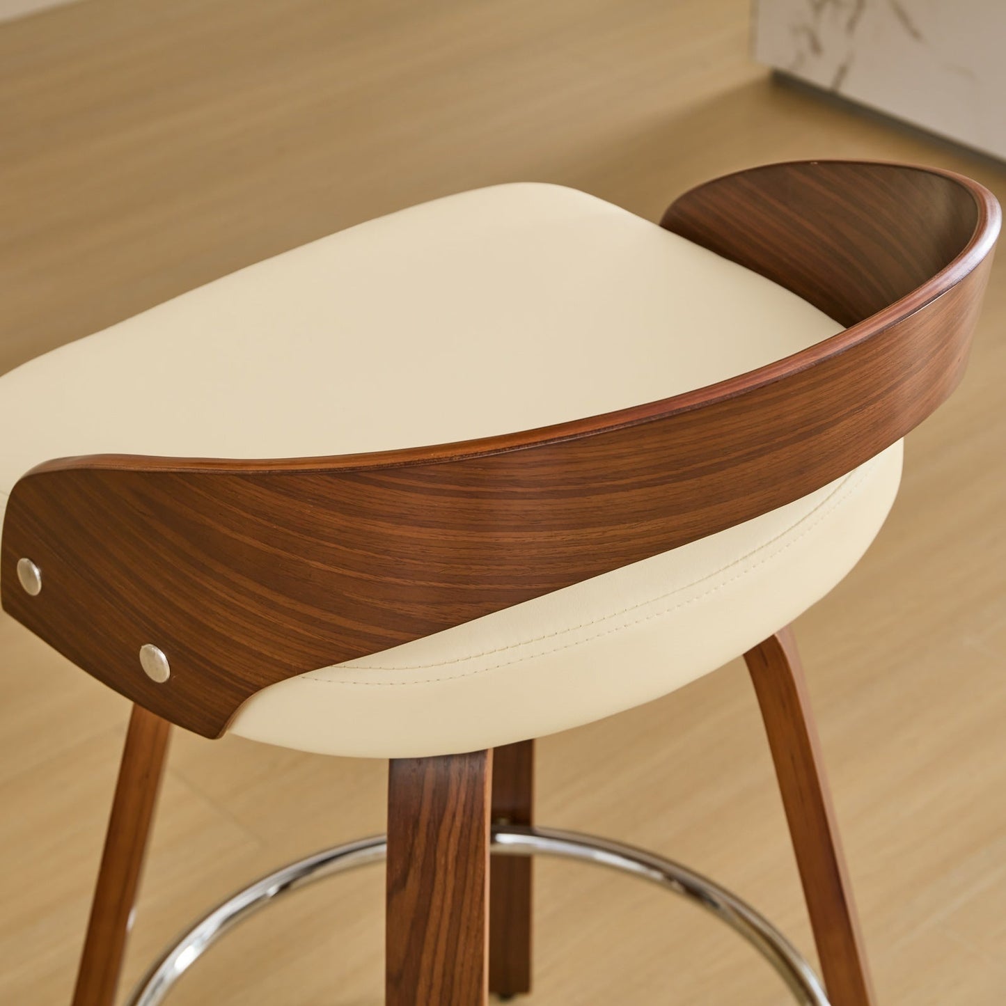 25” Swivel Counter Height Bar Stools Set of 2 | Beige Faux Leather Wood Chairs - 1st Choice Furniture Direct
