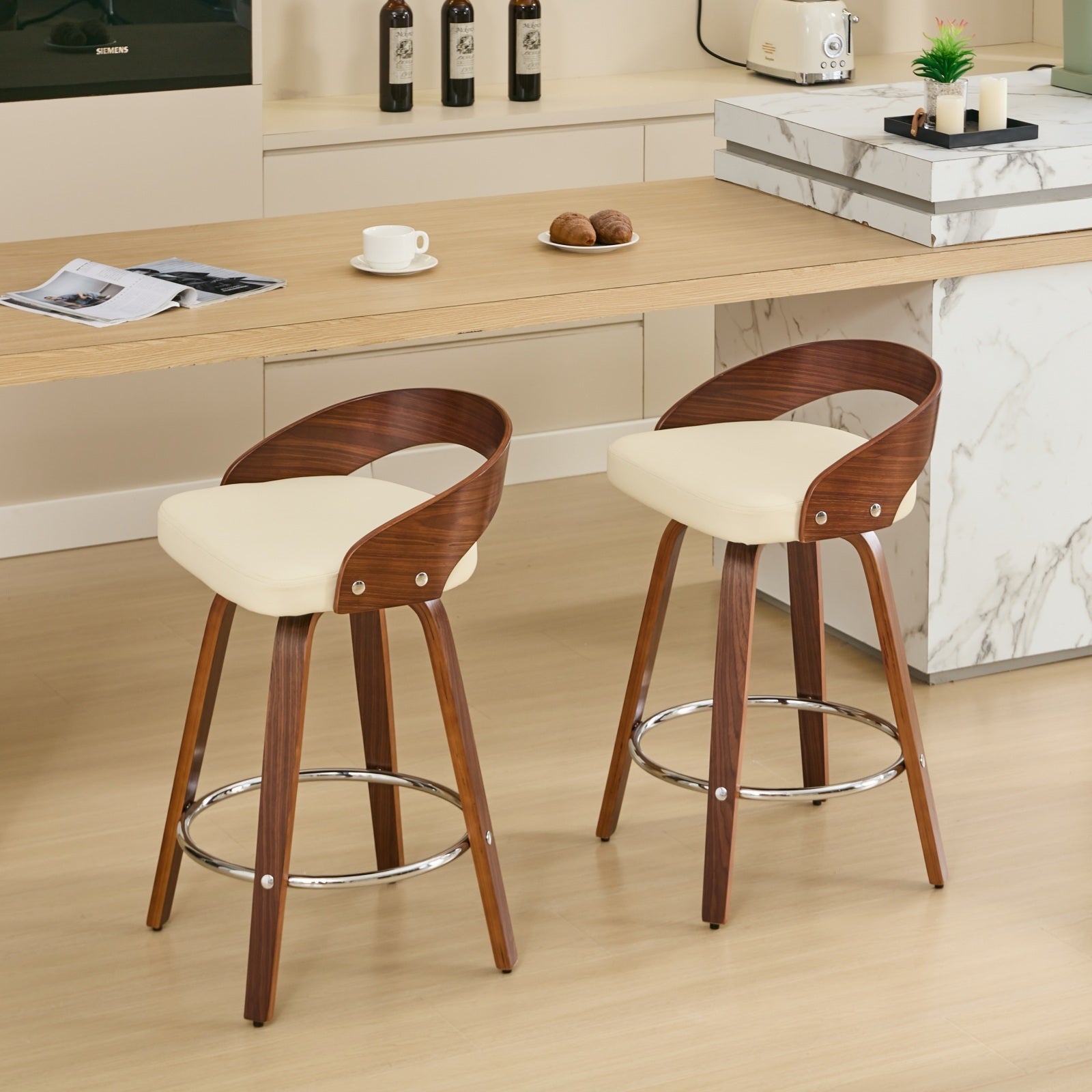 25” Swivel Counter Height Bar Stools Set of 2 | Beige Faux Leather Wood Chairs - 1st Choice Furniture Direct