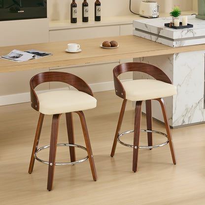 25” Swivel Counter Height Bar Stools Set of 2 | Beige Faux Leather Wood Chairs - 1st Choice Furniture Direct