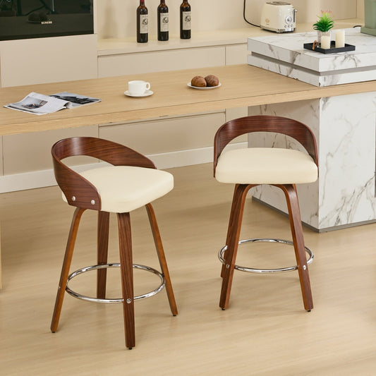 25” Swivel Counter Height Bar Stools Set of 2 | Beige Faux Leather Wood Chairs - 1st Choice Furniture Direct