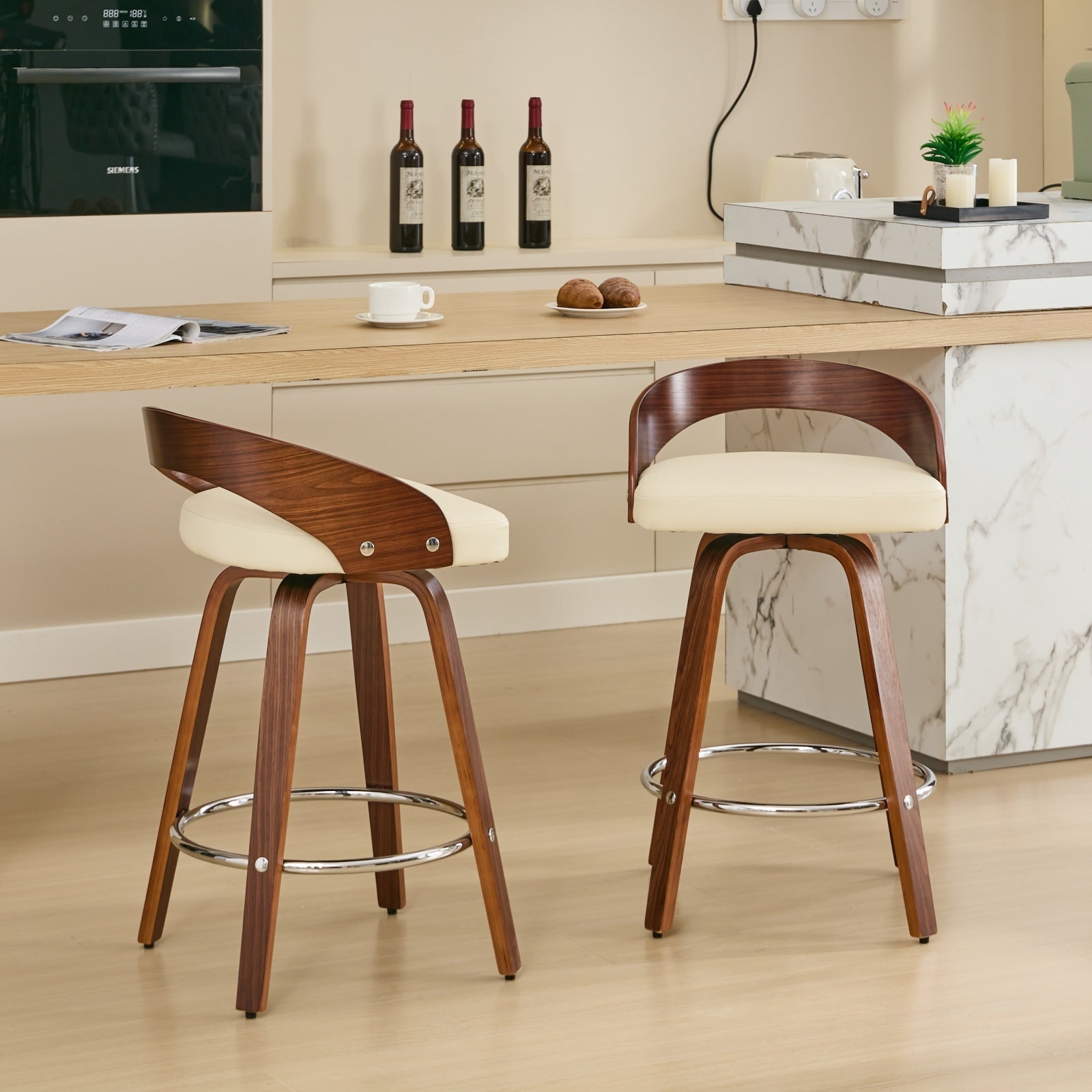 25” Swivel Counter Height Bar Stools Set of 2 | Beige Faux Leather Wood Chairs - 1st Choice Furniture Direct