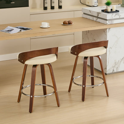 25” Swivel Counter Height Bar Stools Set of 2 | Beige Faux Leather Wood Chairs - 1st Choice Furniture Direct