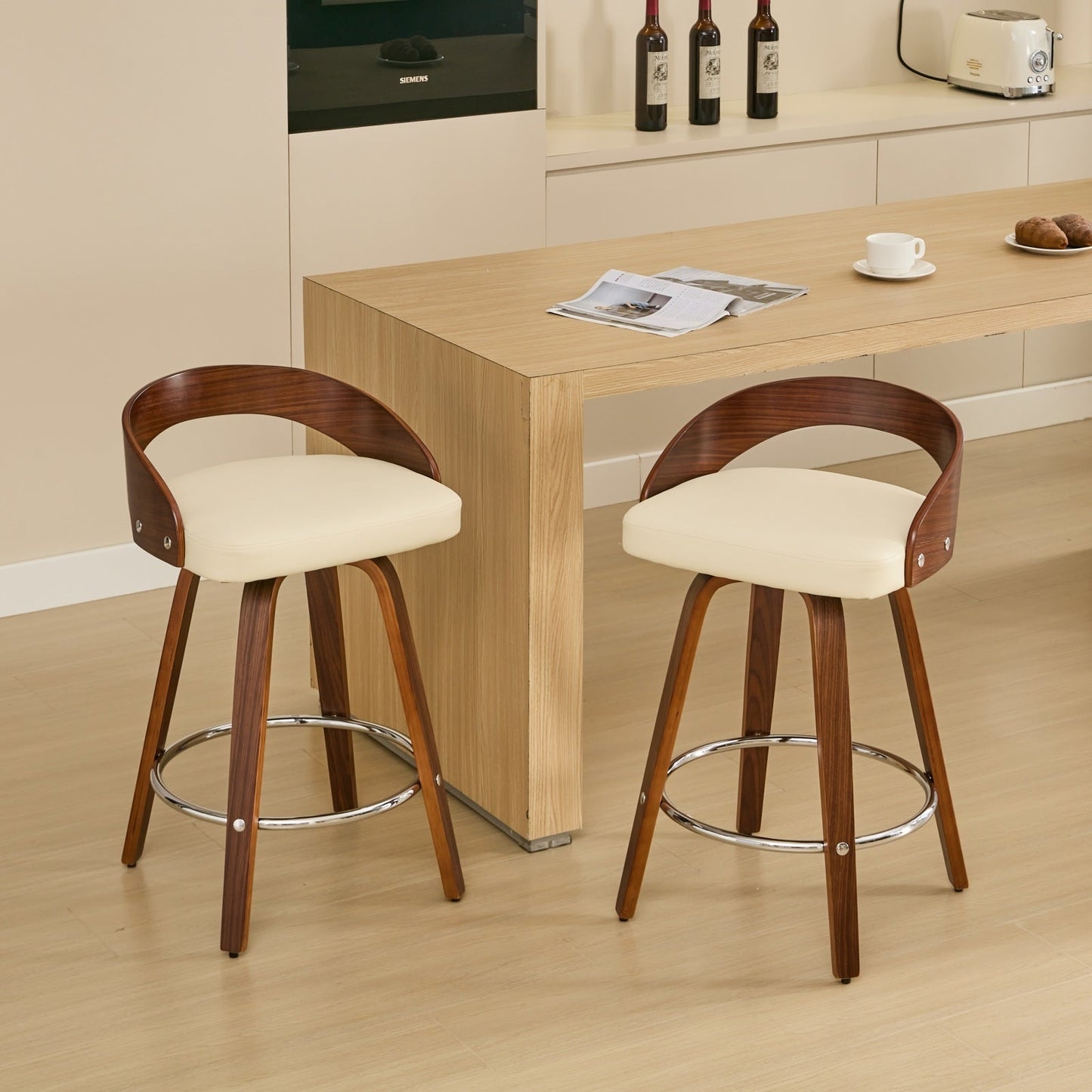 25” Swivel Counter Height Bar Stools Set of 2 | Beige Faux Leather Wood Chairs - 1st Choice Furniture Direct
