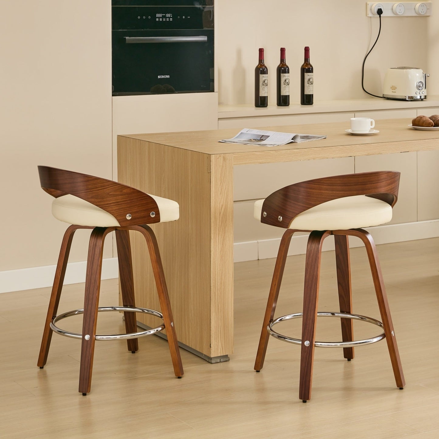 25” Swivel Counter Height Bar Stools Set of 2 | Beige Faux Leather Wood Chairs - 1st Choice Furniture Direct