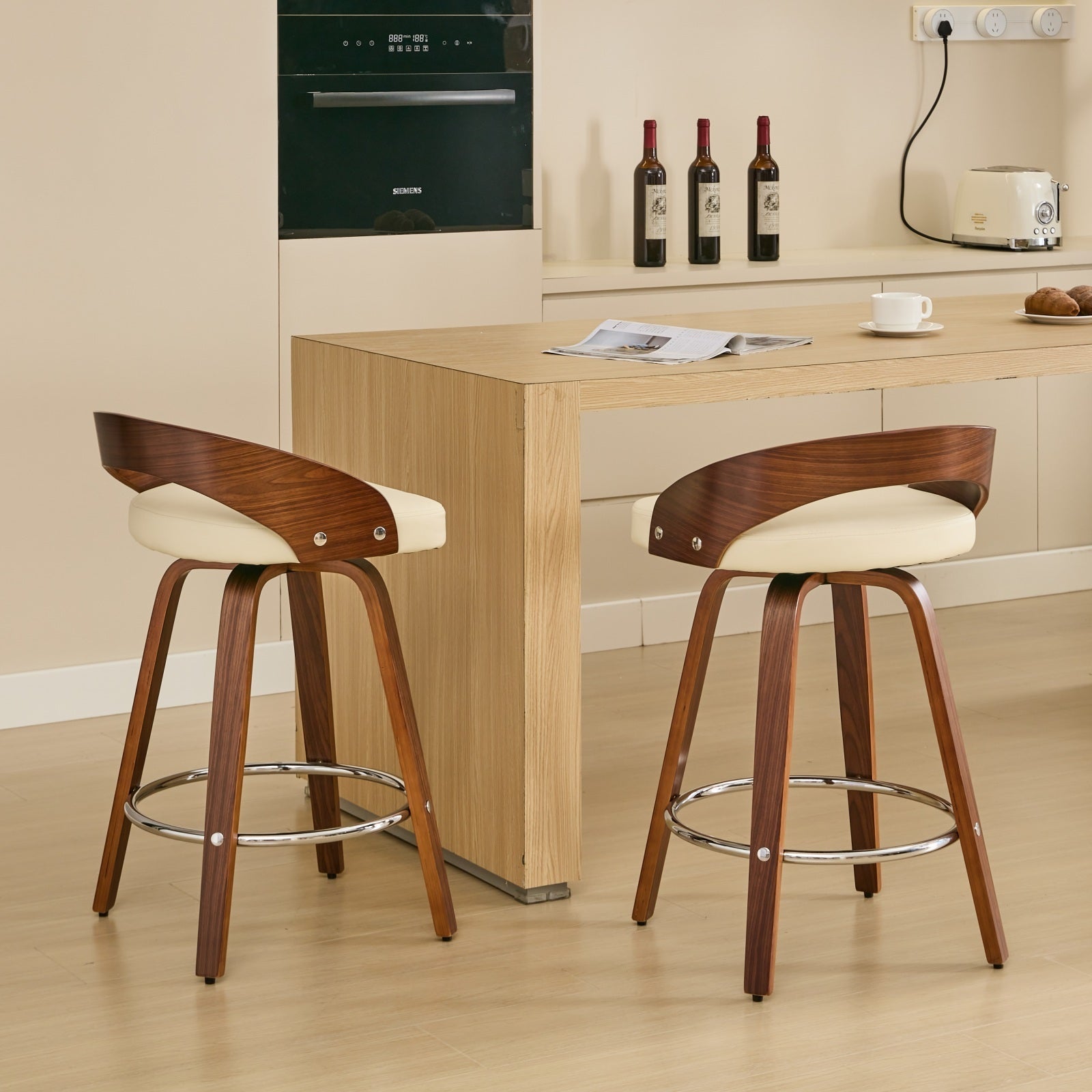 25” Swivel Counter Height Bar Stools Set of 2 | Beige Faux Leather Wood Chairs - 1st Choice Furniture Direct