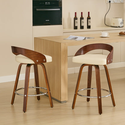 25” Swivel Counter Height Bar Stools Set of 2 | Beige Faux Leather Wood Chairs - 1st Choice Furniture Direct