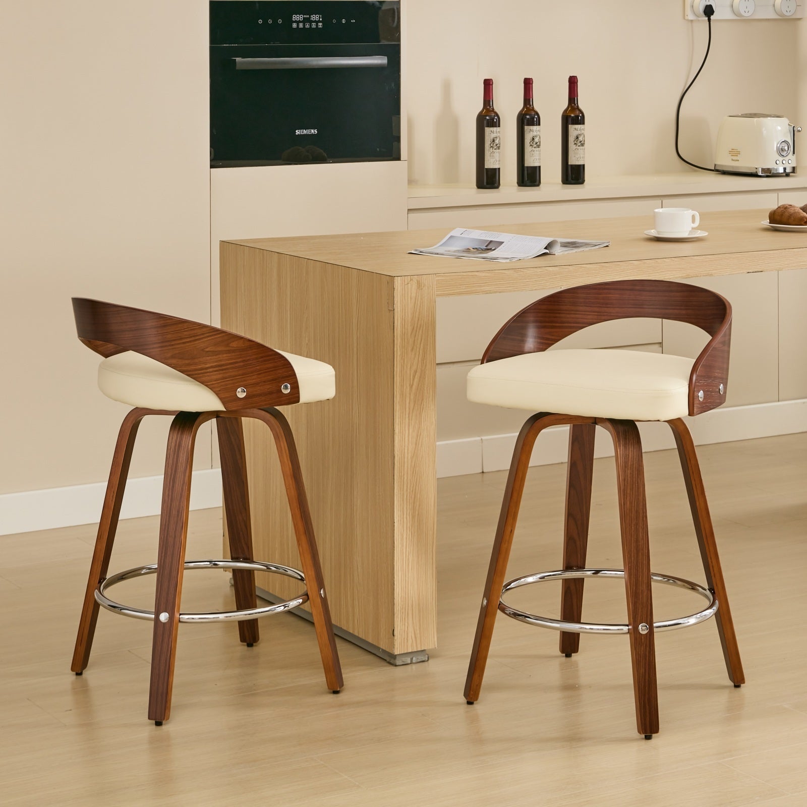 25” Swivel Counter Height Bar Stools Set of 2 | Beige Faux Leather Wood Chairs - 1st Choice Furniture Direct