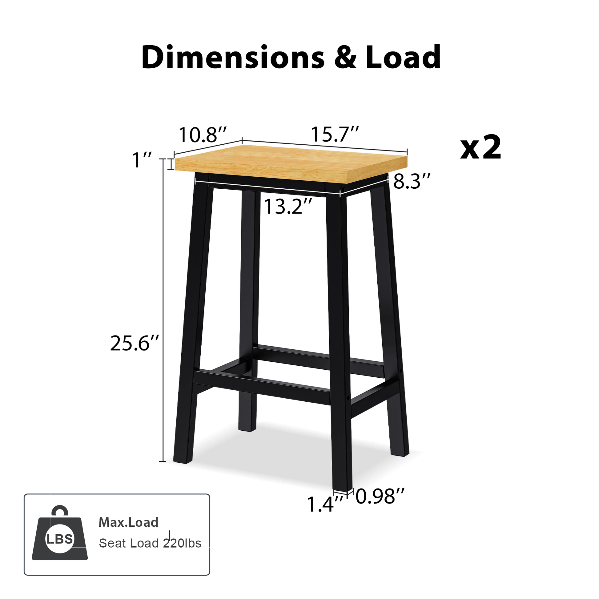 25.6” Counter Height Farmhouse Bar Stools Set of 2 | Solid Wood Black Kitchen Stools - 1st Choice Furniture Direct