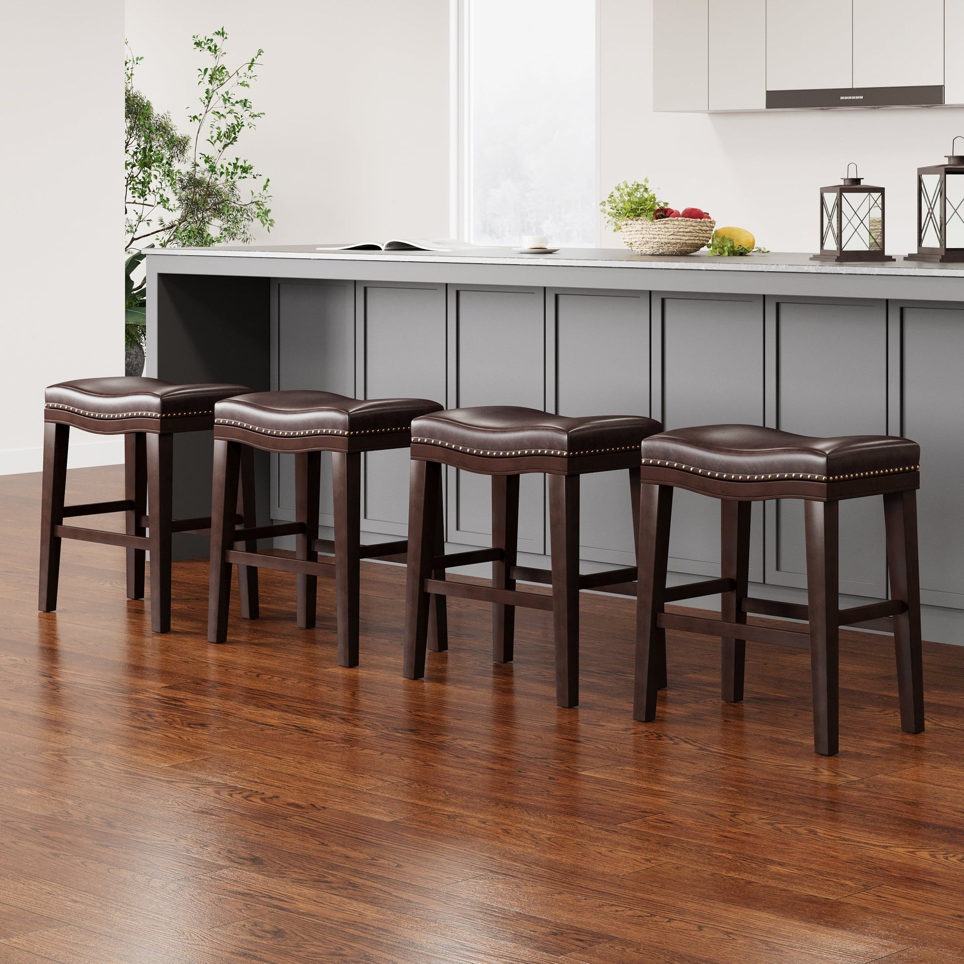 26' Contemporary Upholstered Saddle Counter Stool with Nailhead Trim (Set of 4), Dark Brown - 1st Choice Furniture Direct