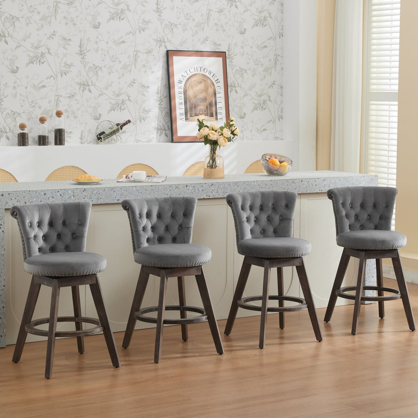 26' Counter Height Bar Stools Set of 2, 360° Swivel Stools with Back & Hand - Tufted Button - Trimmed Edges, Upholstered Velvet Kitchen Counter Stools on Wood Legs,Gray,SW1868GY - 1st Choice Furniture Direct