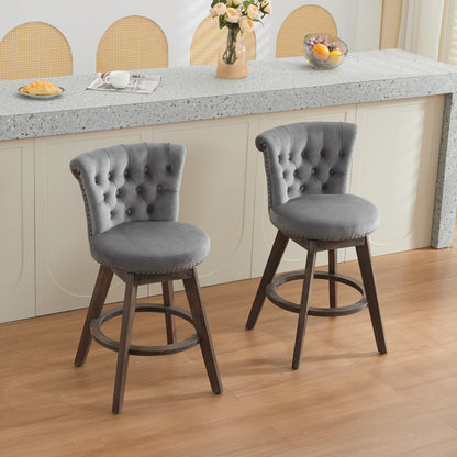 26' Counter Height Bar Stools Set of 2, 360° Swivel Stools with Back & Hand - Tufted Button - Trimmed Edges, Upholstered Velvet Kitchen Counter Stools on Wood Legs,Gray,SW1868GY - 1st Choice Furniture Direct