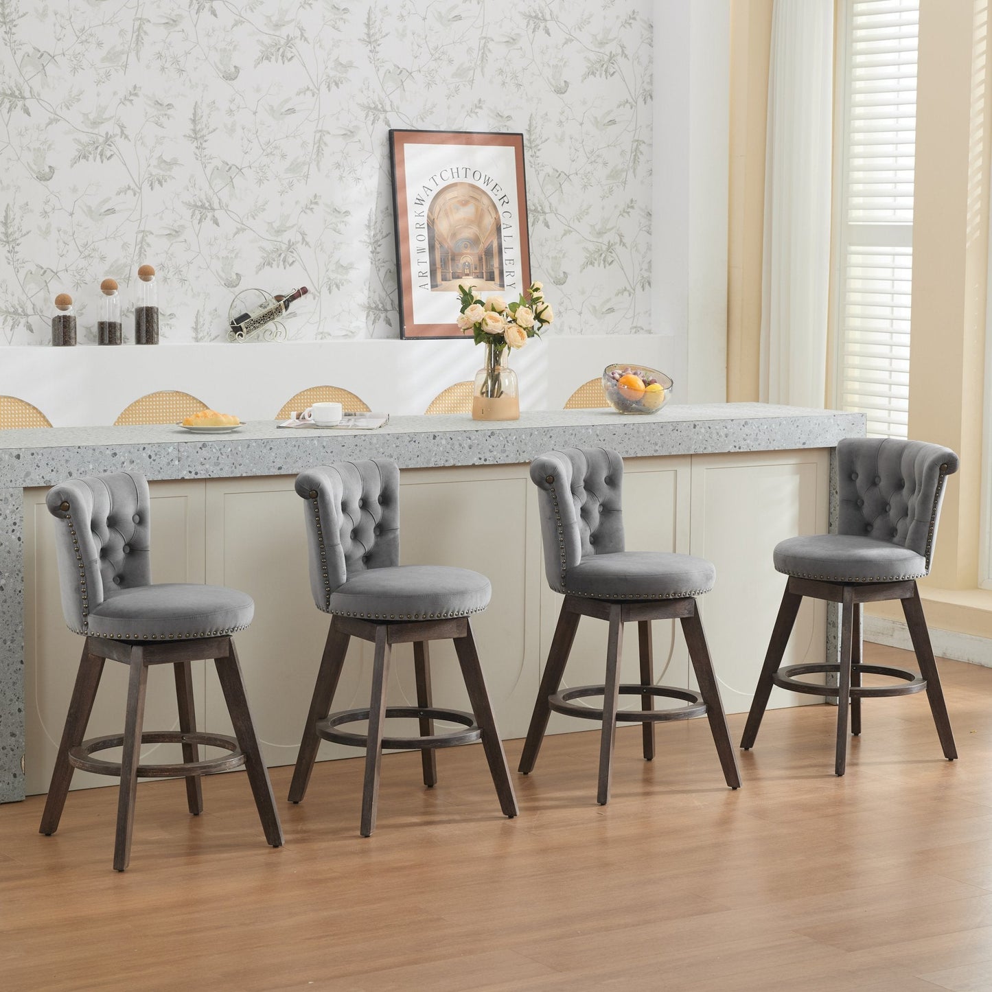 26' Counter Height Bar Stools Set of 2, 360° Swivel Stools with Back & Hand - Tufted Button - Trimmed Edges, Upholstered Velvet Kitchen Counter Stools on Wood Legs,Gray,SW1868GY - 1st Choice Furniture Direct