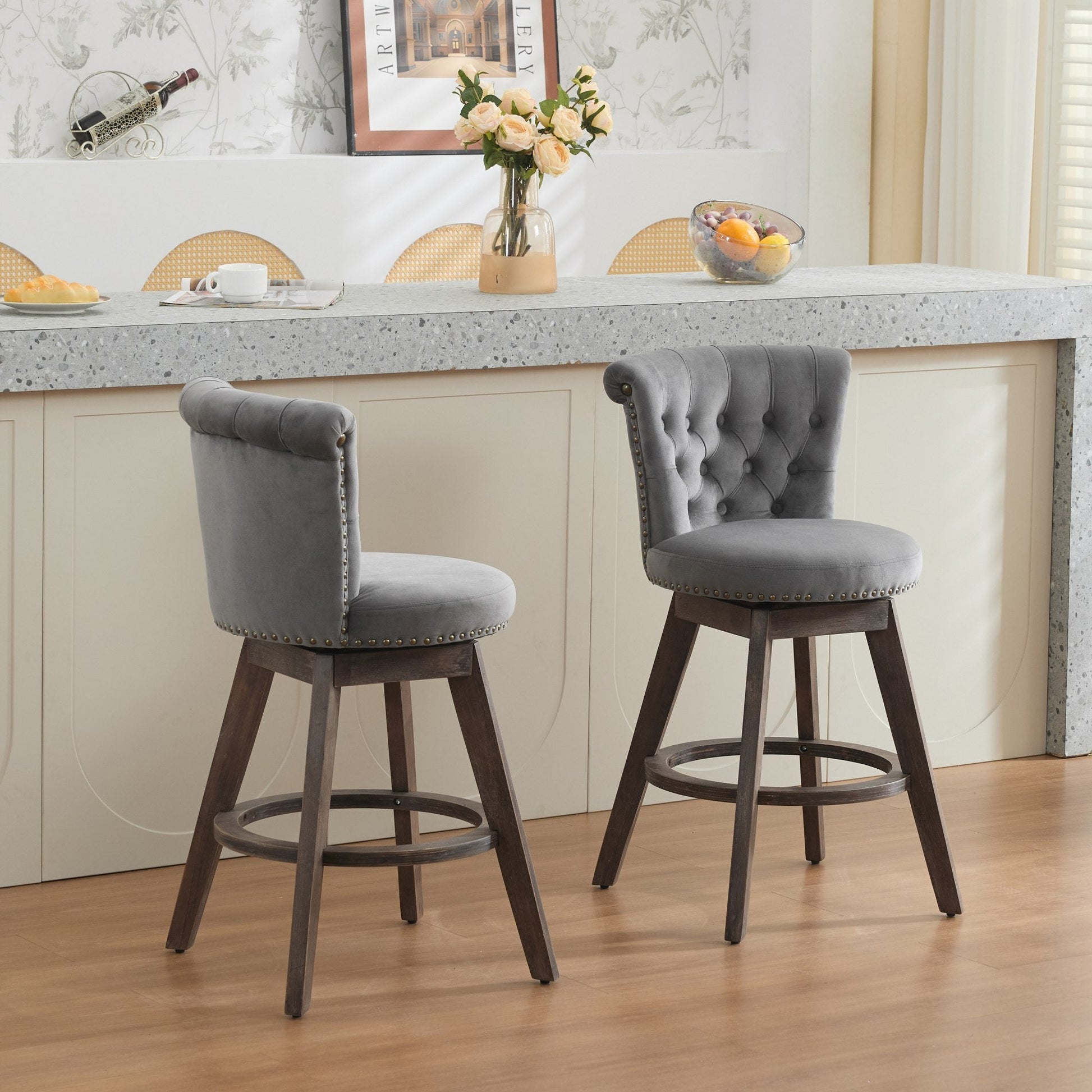 26' Counter Height Bar Stools Set of 2, 360° Swivel Stools with Back & Hand - Tufted Button - Trimmed Edges, Upholstered Velvet Kitchen Counter Stools on Wood Legs,Gray,SW1868GY - 1st Choice Furniture Direct