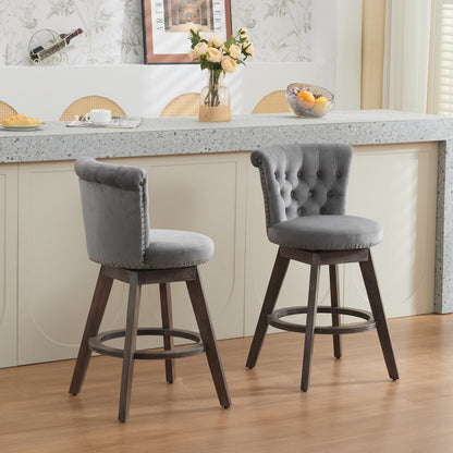 26' Counter Height Bar Stools Set of 2, 360° Swivel Stools with Back & Hand - Tufted Button - Trimmed Edges, Upholstered Velvet Kitchen Counter Stools on Wood Legs,Gray,SW1868GY - 1st Choice Furniture Direct