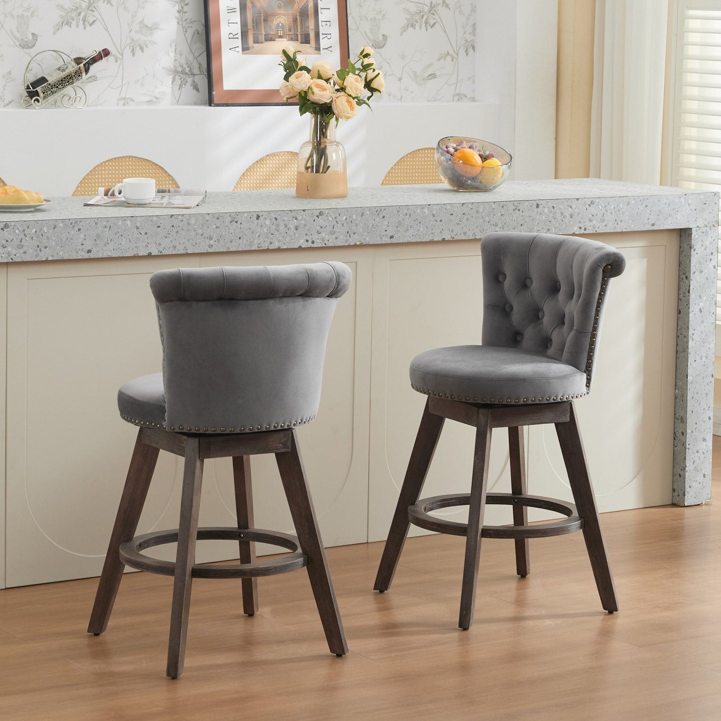 26' Counter Height Bar Stools Set of 2, 360° Swivel Stools with Back & Hand - Tufted Button - Trimmed Edges, Upholstered Velvet Kitchen Counter Stools on Wood Legs,Gray,SW1868GY - 1st Choice Furniture Direct