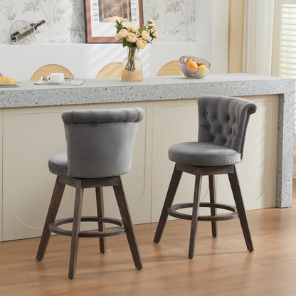 26' Counter Height Bar Stools Set of 2, 360° Swivel Stools with Back & Hand - Tufted Button - Trimmed Edges, Upholstered Velvet Kitchen Counter Stools on Wood Legs,Gray,SW1868GY - 1st Choice Furniture Direct