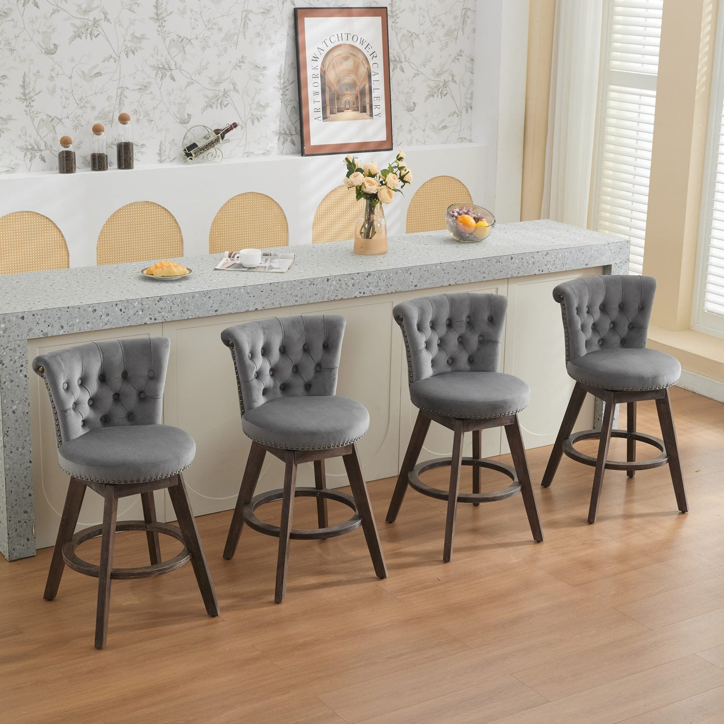 26' Counter Height Bar Stools Set of 2, 360° Swivel Stools with Back & Hand - Tufted Button - Trimmed Edges, Upholstered Velvet Kitchen Counter Stools on Wood Legs,Gray,SW1868GY - 1st Choice Furniture Direct