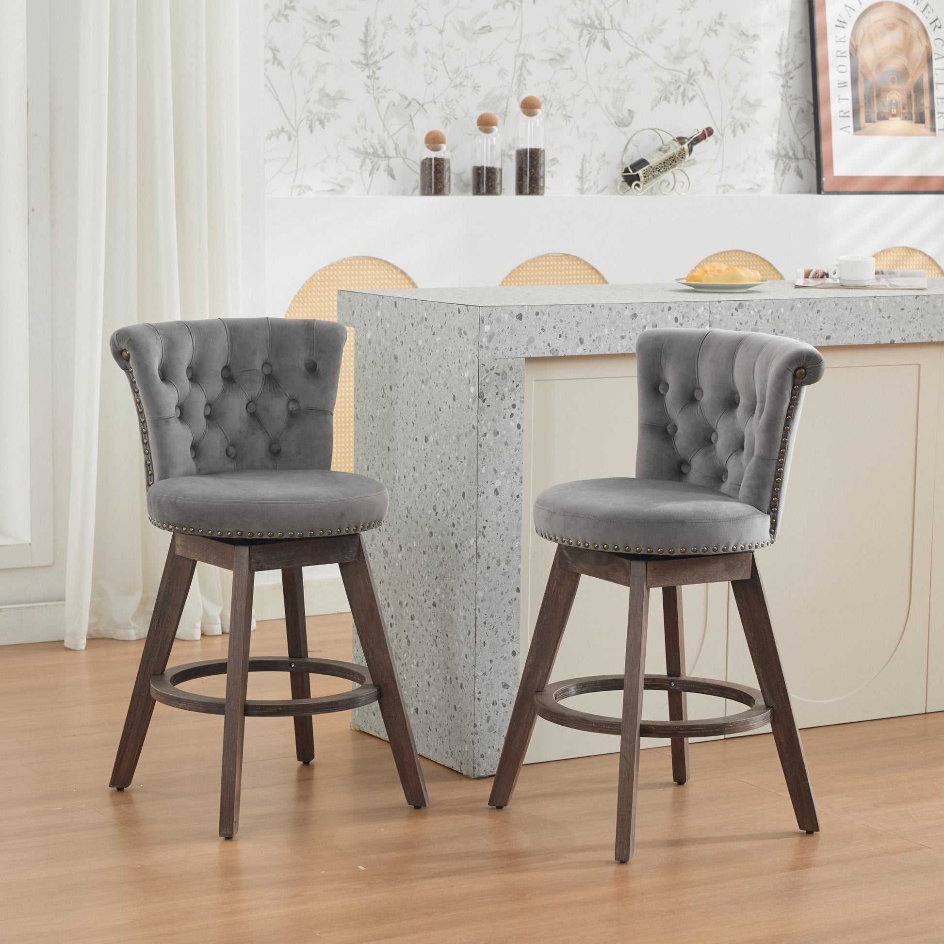 26' Counter Height Bar Stools Set of 2, 360° Swivel Stools with Back & Hand - Tufted Button - Trimmed Edges, Upholstered Velvet Kitchen Counter Stools on Wood Legs,Gray,SW1868GY - 1st Choice Furniture Direct