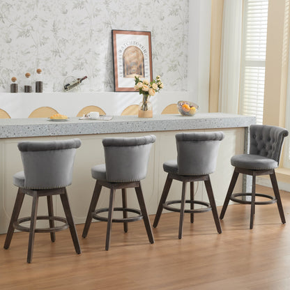 26' Counter Height Bar Stools Set of 2, 360° Swivel Stools with Back & Hand - Tufted Button - Trimmed Edges, Upholstered Velvet Kitchen Counter Stools on Wood Legs,Gray,SW1868GY - 1st Choice Furniture Direct