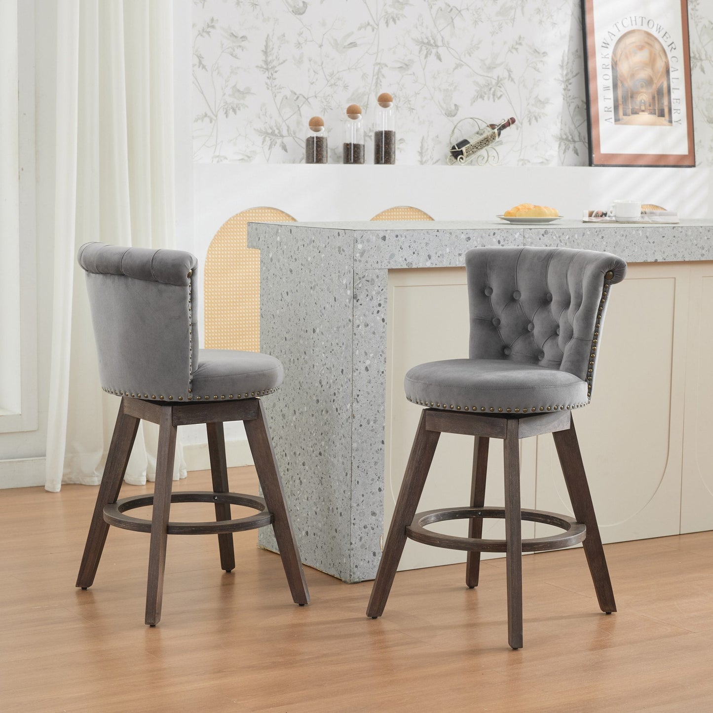 26' Counter Height Bar Stools Set of 2, 360° Swivel Stools with Back & Hand - Tufted Button - Trimmed Edges, Upholstered Velvet Kitchen Counter Stools on Wood Legs,Gray,SW1868GY - 1st Choice Furniture Direct