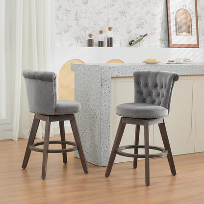 26' Counter Height Bar Stools Set of 2, 360° Swivel Stools with Back & Hand - Tufted Button - Trimmed Edges, Upholstered Velvet Kitchen Counter Stools on Wood Legs,Gray,SW1868GY - 1st Choice Furniture Direct