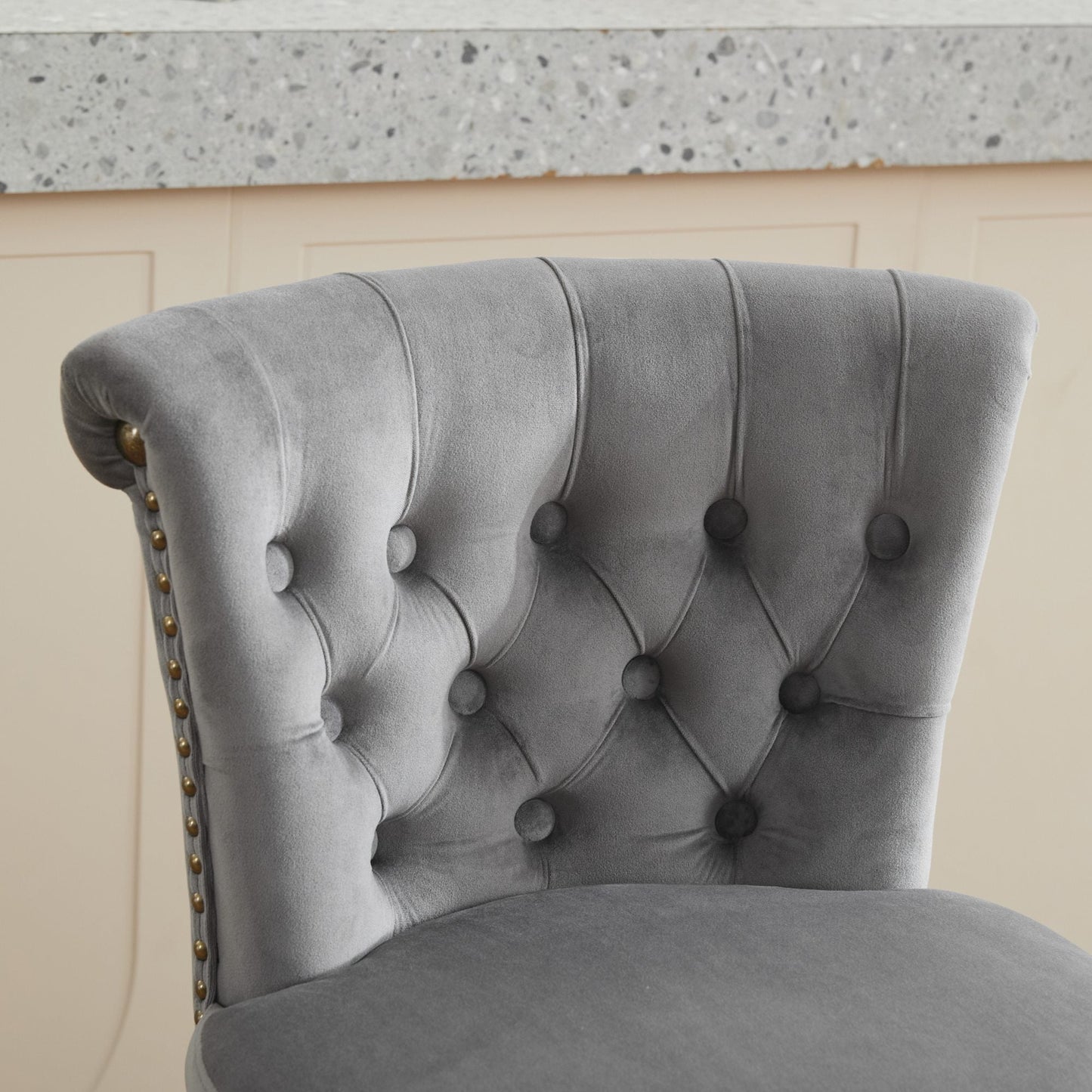 26' Counter Height Bar Stools Set of 2, 360° Swivel Stools with Back & Hand - Tufted Button - Trimmed Edges, Upholstered Velvet Kitchen Counter Stools on Wood Legs,Gray,SW1868GY - 1st Choice Furniture Direct