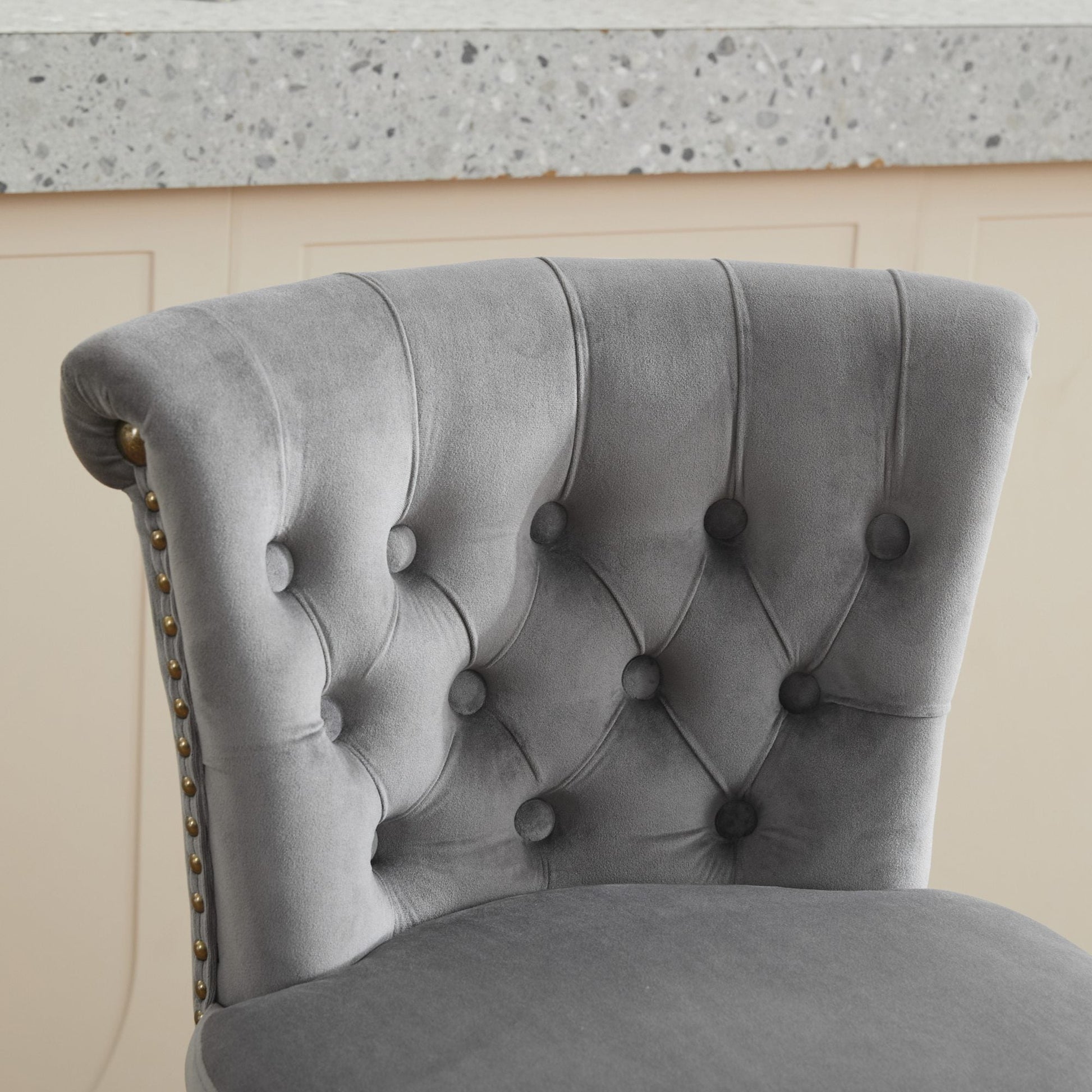 26' Counter Height Bar Stools Set of 2, 360° Swivel Stools with Back & Hand - Tufted Button - Trimmed Edges, Upholstered Velvet Kitchen Counter Stools on Wood Legs,Gray,SW1868GY - 1st Choice Furniture Direct