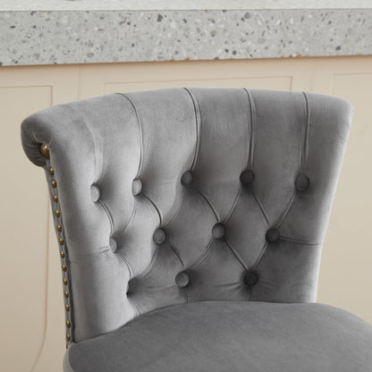 26' Counter Height Bar Stools Set of 2, 360° Swivel Stools with Back & Hand - Tufted Button - Trimmed Edges, Upholstered Velvet Kitchen Counter Stools on Wood Legs,Gray,SW1868GY - 1st Choice Furniture Direct