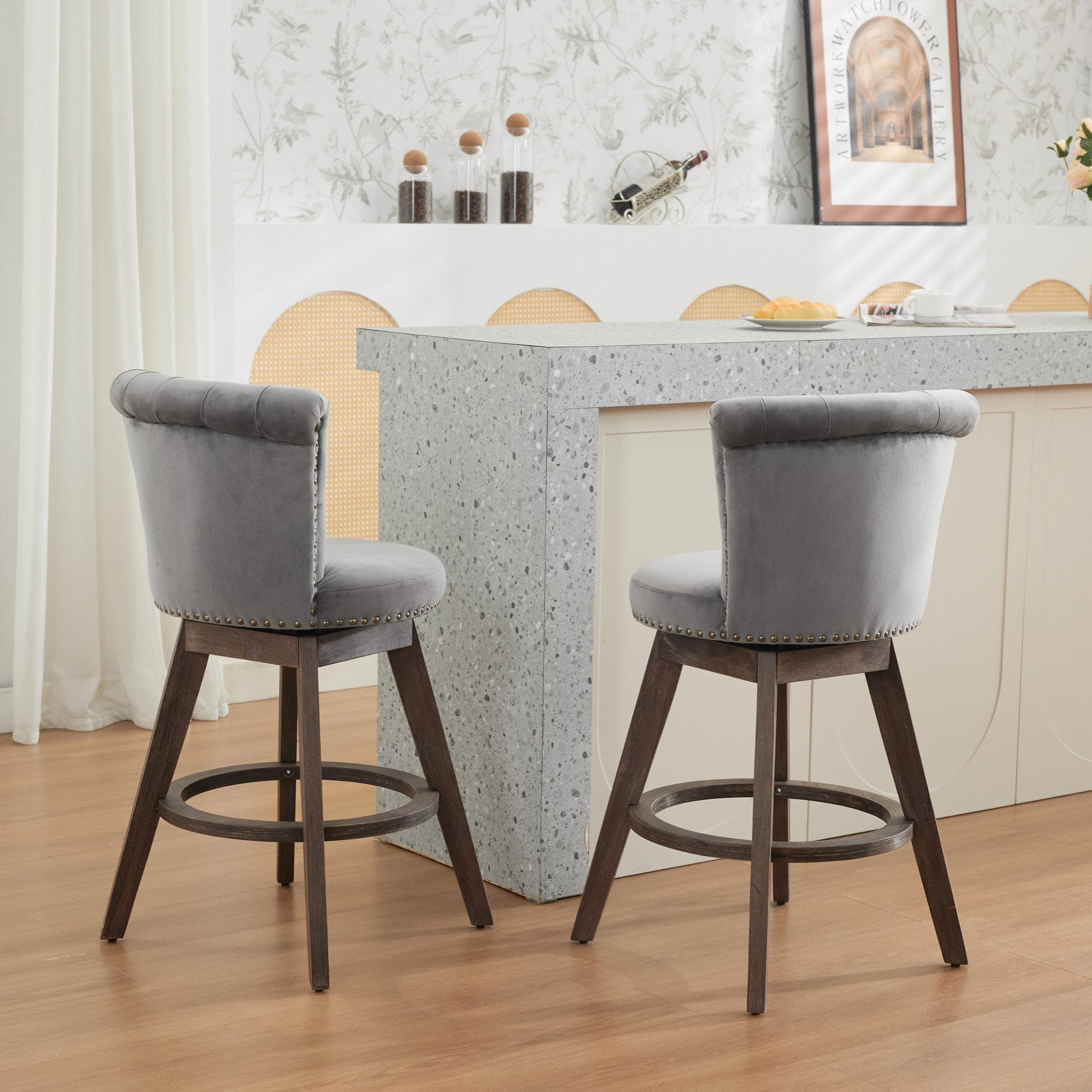 26' Counter Height Bar Stools Set of 2, 360° Swivel Stools with Back & Hand - Tufted Button - Trimmed Edges, Upholstered Velvet Kitchen Counter Stools on Wood Legs,Gray,SW1868GY - 1st Choice Furniture Direct