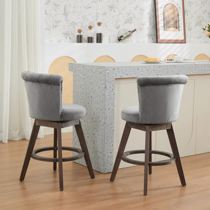 26' Counter Height Bar Stools Set of 2, 360° Swivel Stools with Back & Hand - Tufted Button - Trimmed Edges, Upholstered Velvet Kitchen Counter Stools on Wood Legs,Gray,SW1868GY - 1st Choice Furniture Direct