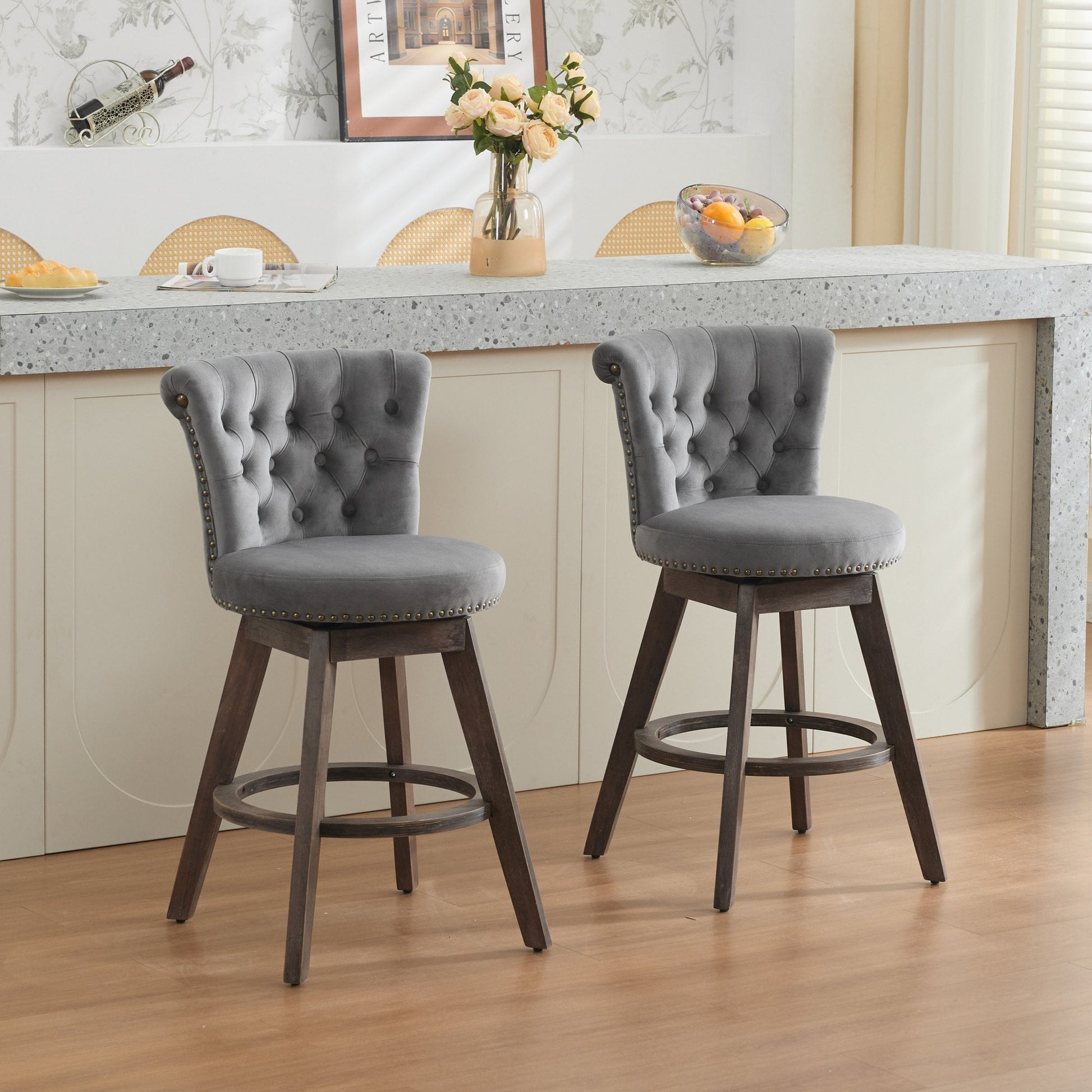 26' Counter Height Bar Stools Set of 2, 360° Swivel Stools with Back & Hand - Tufted Button - Trimmed Edges, Upholstered Velvet Kitchen Counter Stools on Wood Legs,Gray,SW1868GY - 1st Choice Furniture Direct