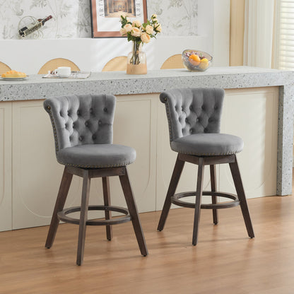 26' Counter Height Bar Stools Set of 2, 360° Swivel Stools with Back & Hand - Tufted Button - Trimmed Edges, Upholstered Velvet Kitchen Counter Stools on Wood Legs,Gray,SW1868GY - 1st Choice Furniture Direct