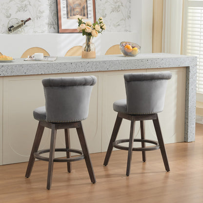 26' Counter Height Bar Stools Set of 2, 360° Swivel Stools with Back & Hand - Tufted Button - Trimmed Edges, Upholstered Velvet Kitchen Counter Stools on Wood Legs,Gray,SW1868GY - 1st Choice Furniture Direct