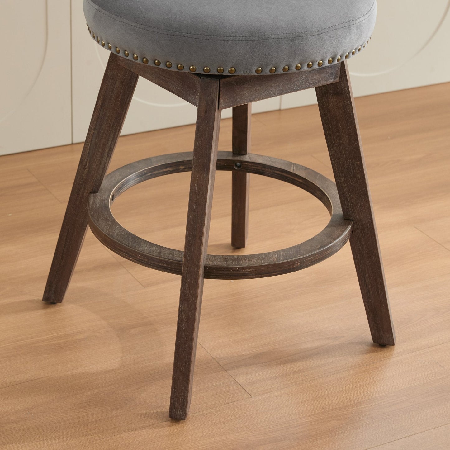 26' Counter Height Bar Stools Set of 2, 360° Swivel Stools with Back & Hand - Tufted Button - Trimmed Edges, Upholstered Velvet Kitchen Counter Stools on Wood Legs,Gray,SW1868GY - 1st Choice Furniture Direct
