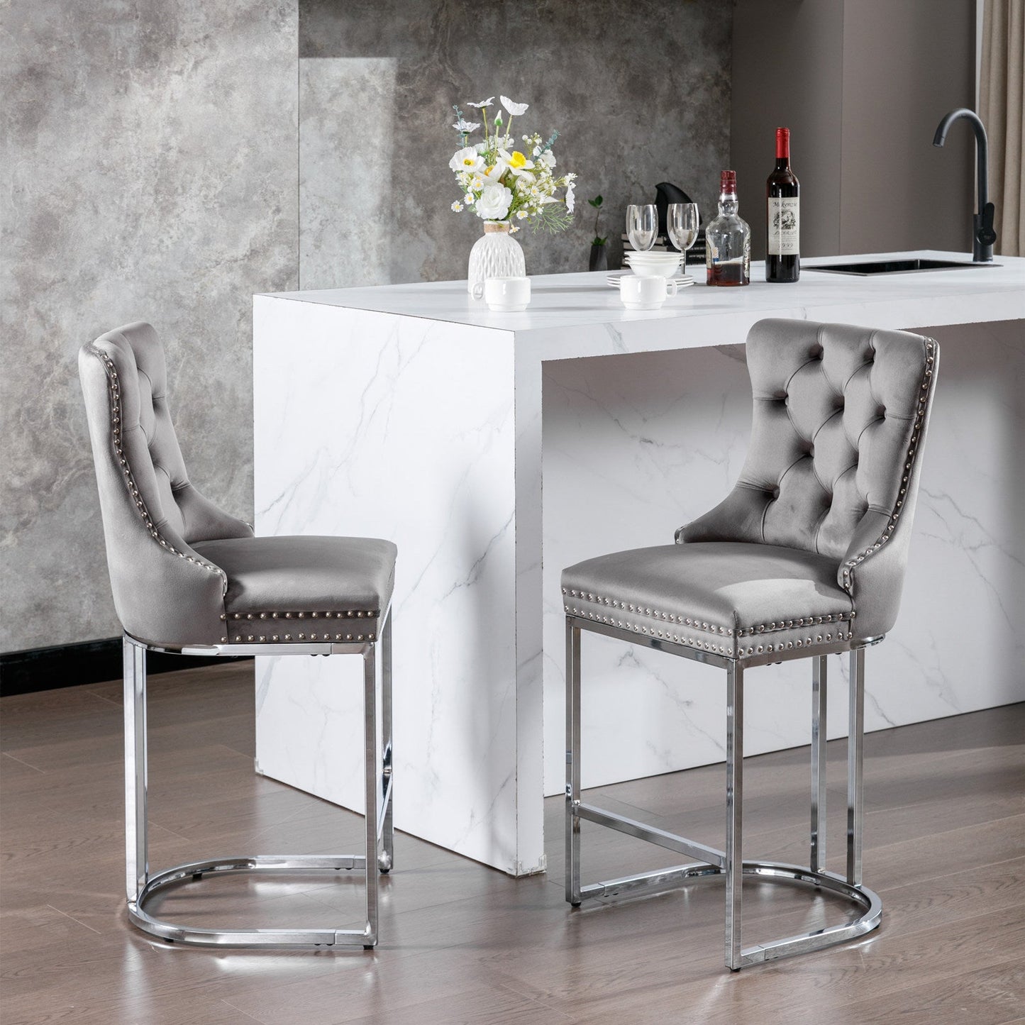 26' Counter Height Bar Stools Set of 2, Modern Velvet Barstools with Button Back&Rivet Trim Upholstered Kitchen Island Chairs with Sturdy Chromed Metal Base Legs Farmhouse Bar Stools, (Gray,2 Pack) - 1st Choice Furniture Direct