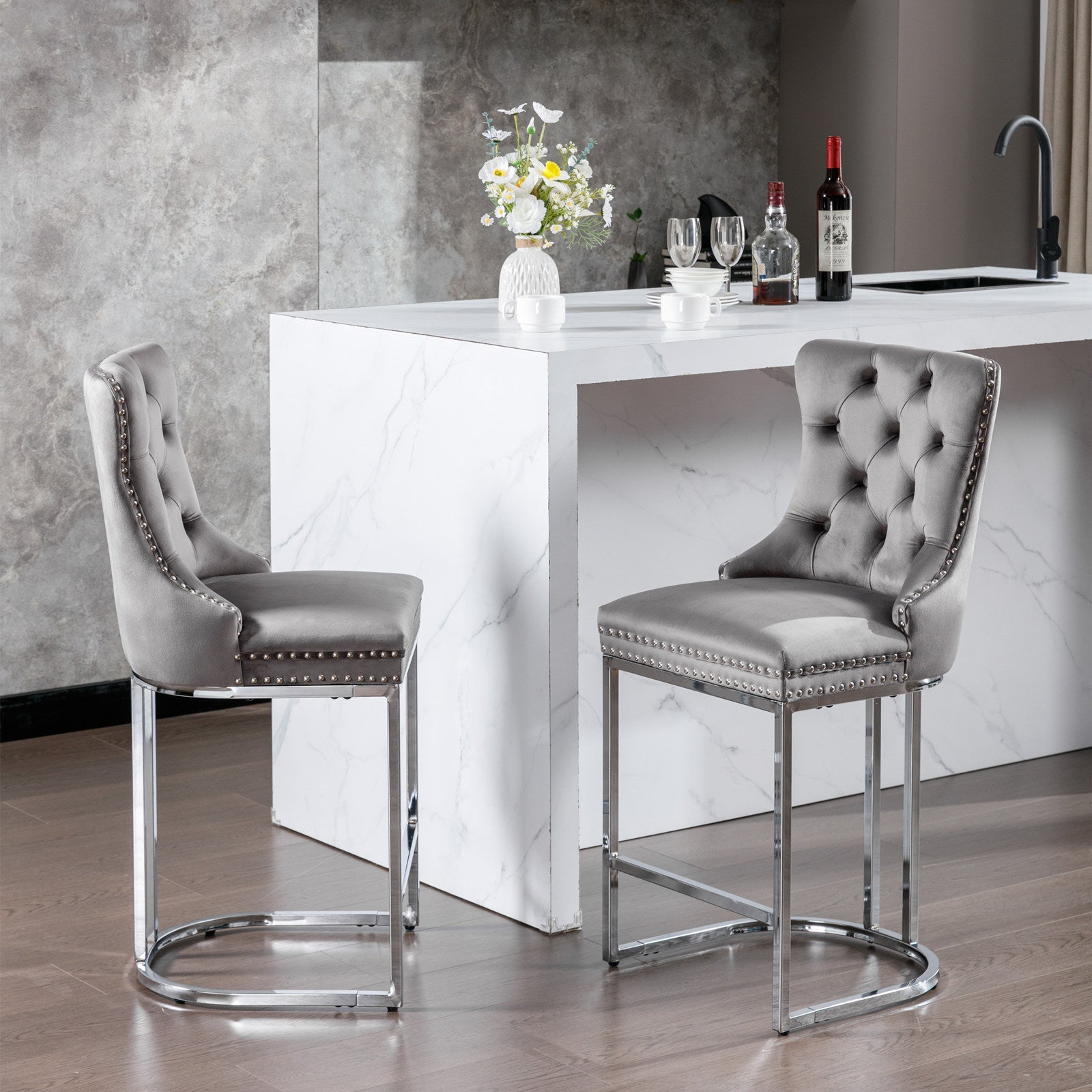 26' Counter Height Bar Stools Set of 2, Modern Velvet Barstools with Button Back&Rivet Trim Upholstered Kitchen Island Chairs with Sturdy Chromed Metal Base Legs Farmhouse Bar Stools, (Gray,2 Pack) - 1st Choice Furniture Direct