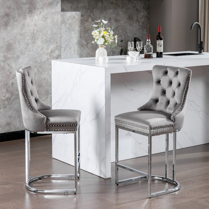 26' Counter Height Bar Stools Set of 2, Modern Velvet Barstools with Button Back&Rivet Trim Upholstered Kitchen Island Chairs with Sturdy Chromed Metal Base Legs Farmhouse Bar Stools, (Gray,2 Pack) - 1st Choice Furniture Direct