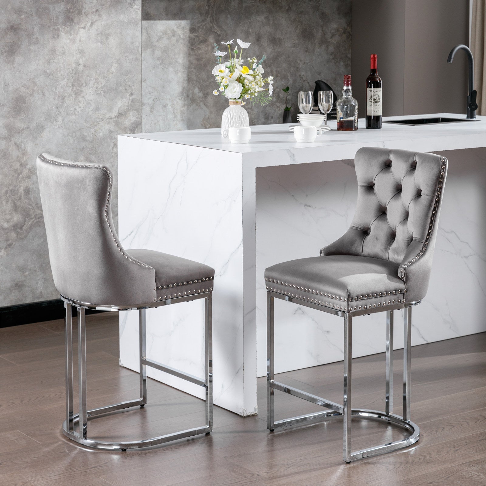 26' Counter Height Bar Stools Set of 2, Modern Velvet Barstools with Button Back&Rivet Trim Upholstered Kitchen Island Chairs with Sturdy Chromed Metal Base Legs Farmhouse Bar Stools, (Gray,2 Pack) - 1st Choice Furniture Direct