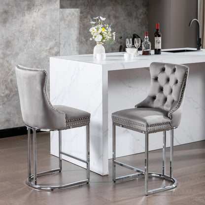 26' Counter Height Bar Stools Set of 2, Modern Velvet Barstools with Button Back&Rivet Trim Upholstered Kitchen Island Chairs with Sturdy Chromed Metal Base Legs Farmhouse Bar Stools, (Gray,2 Pack) - 1st Choice Furniture Direct