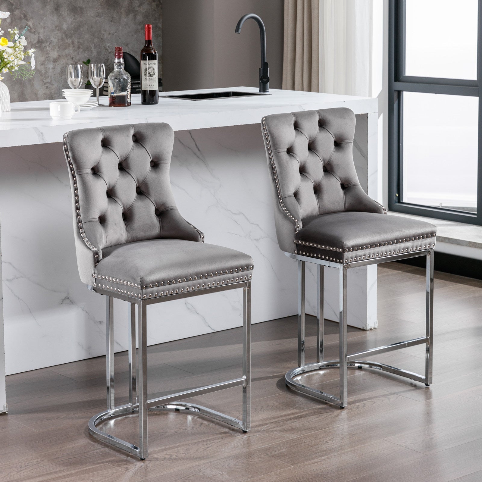 26' Counter Height Bar Stools Set of 2, Modern Velvet Barstools with Button Back&Rivet Trim Upholstered Kitchen Island Chairs with Sturdy Chromed Metal Base Legs Farmhouse Bar Stools, (Gray,2 Pack) - 1st Choice Furniture Direct