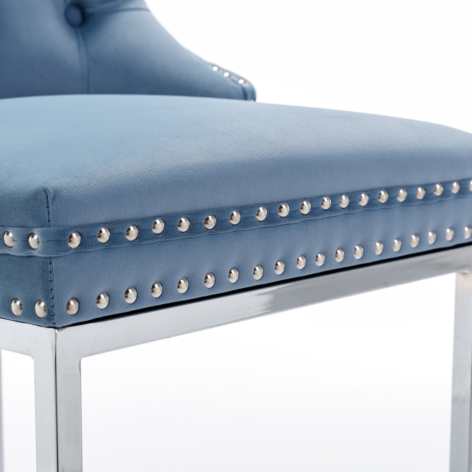 26' Counter Height Bar Stools Set of 2, Modern Velvet Barstools with Button Back&Rivet Trim Upholstered Kitchen Island Chairs with Sturdy Chromed Metal Base Legs Farmhouse Bar Stools,Light Blue,2 Pack - 1st Choice Furniture Direct